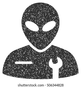 Alien Mechanic grainy textured icon for overlay watermark stamps. Flat symbol with dust texture. Dotted vector gray ink rubber seal stamp with grunge design on a white background.