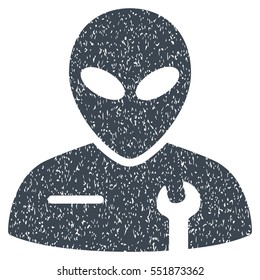 Alien Mechanic grainy textured icon for overlay watermark stamps. Flat symbol with scratched texture. Dotted vector smooth blue ink rubber seal stamp with grunge design on a white background.