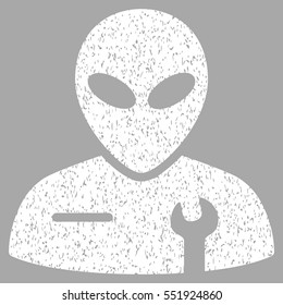 Alien Mechanic grainy textured icon for overlay watermark stamps. Flat symbol with dirty texture. Dotted vector white ink rubber seal stamp with grunge design on a silver background.