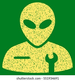 Alien Mechanic grainy textured icon for overlay watermark stamps. Flat symbol with scratched texture. Dotted vector yellow ink rubber seal stamp with grunge design on a green background.