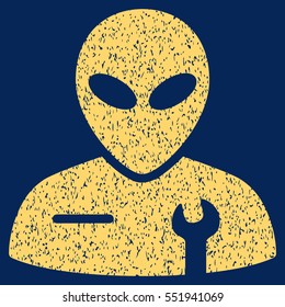Alien Mechanic grainy textured icon for overlay watermark stamps. Flat symbol with unclean texture. Dotted vector yellow ink rubber seal stamp with grunge design on a blue background.