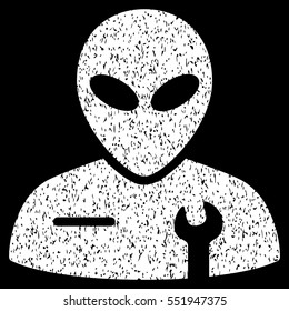 Alien Mechanic grainy textured icon for overlay watermark stamps. Flat symbol with scratched texture. Dotted vector white ink rubber seal stamp with grunge design on a black background.