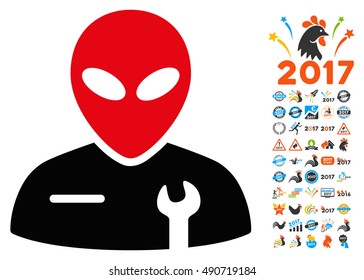 Alien Mechanic icon with 2017 year bonus vector pictographs. Design style is flat symbols, white background.