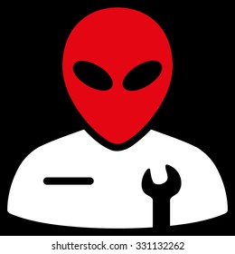 Alien Mechanic vector icon. Style is flat bicolor red and white symbol, rounded angles, black background.