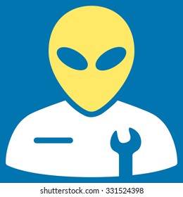 Alien Mechanic vector icon. Style is flat bicolor yellow and white symbol, rounded angles, blue background.