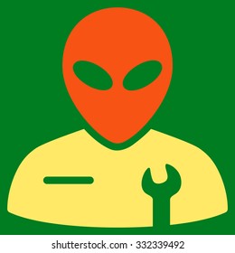 Alien Mechanic vector icon. Style is flat bicolor orange and yellow symbol, rounded angles, green background.