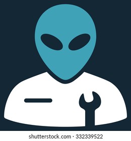 Alien Mechanic vector icon. Style is flat bicolor blue and white symbol, rounded angles, dark blue background.