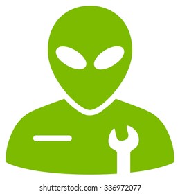 Alien Mechanic vector icon. Style is flat eco green symbol, rounded angles, white background.