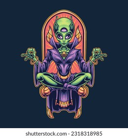 alien meditate character illustration for tshirt design, logo, or stickers