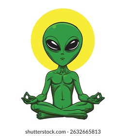 Alien meditate yoga drawing, Vector Illustration, isolated on white background.