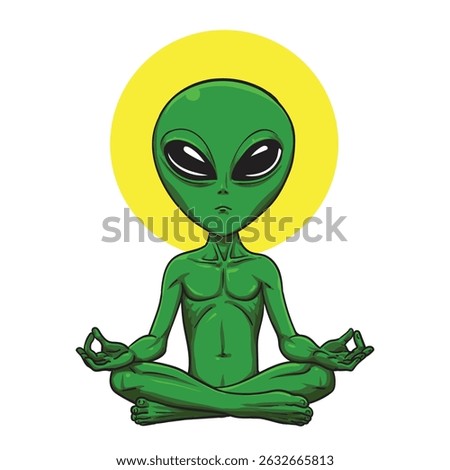 Alien meditate yoga drawing, Vector Illustration, isolated on white background.