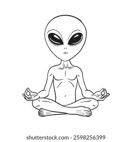 Alien meditate yoga, line drawing, Vector Illustration.