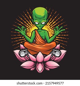 alien meditating above lotus illustration