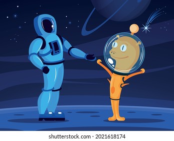 Alien meets human astronaut in spacesuit on blue planet surface dark starry background cartoon composition vector illustration