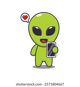 alien with mobile phone. mascot cartoon character vector illustration. design element for poster, brochure, web, mascot, sticker, logo and icon.