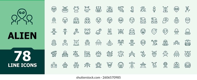Alien modern icon set. Related to flying saucer, space, flying and more. Web icons pack. Space vector line icon set. Minimalist vector illustration. Pixel perfect.