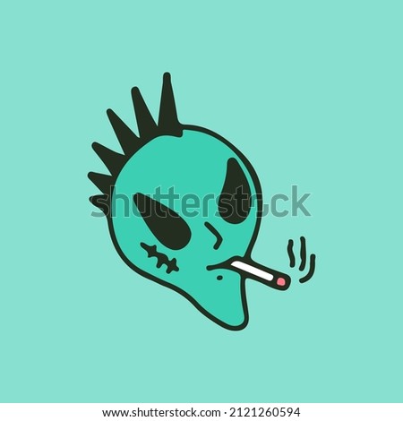 Alien with mohawk hair smoking cigarette, illustration for t-shirt, sticker, or apparel merchandise. With retro cartoon style.