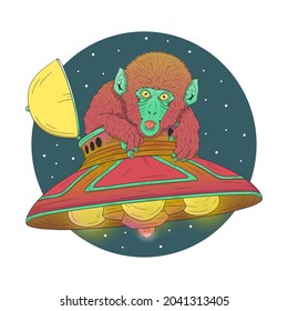 Alien monkey sticking out his tongue. Cool ufo with glowing yellow and purple light. T shirt design - vector illustration for merch. Tee graphics