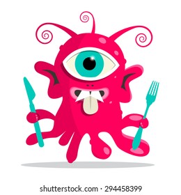 Alien - Monster or Bacillus Vector Illustration with Fork and Knife