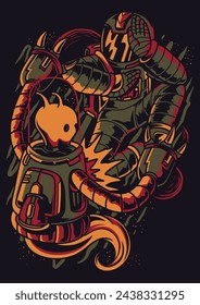  Alien Monster Fight Astronaut Illustration Design for Logo, Mascot, Sticker, T-Shirt, and Tattoo