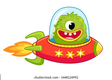 Alien monster is flying on rocket on white background. Vector illustration of target bacterium on space ship in cartoon style.