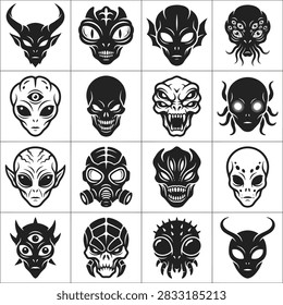 Alien and monster head silhouette icon collection.