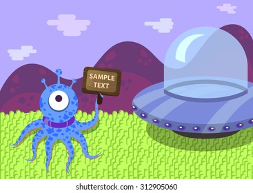 Alien monster with an information plate on the background extraterrestrial scenery and spaceship on an unknown planet. Flat design.