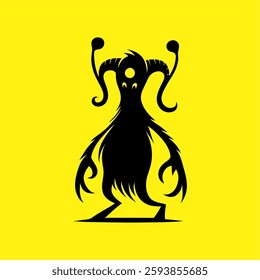 Alien Monster Silhouette with Horns on Yellow Background