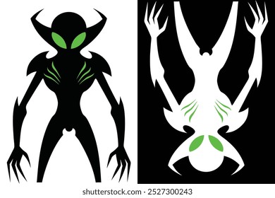 Alien and Monster Silhouette. Isolated Humanoid Figures for Sci-Fi and Fantasy Design - Extraterrestrial Characters, Icons, Prints, and Graphic Art Elements.