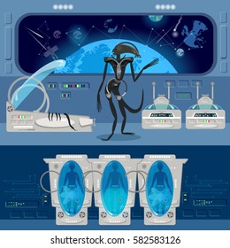Alien monster in a spaceship. Astronauts in cryogenic cameras interior of the interstellar ship. Scary alien monster from outer space attacks astronauts 