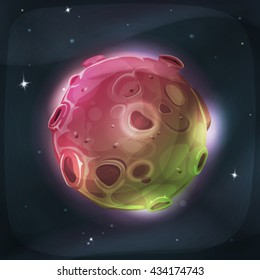 Alien Moon Planet On Space Background/
Illustration of a cartoon funny and fairy alien moon or planet globe, with craters, holes, volcano areas and light halo for space and sci-fi game ui