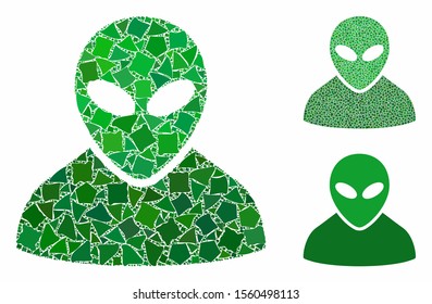 Alien mosaic of raggy pieces in variable sizes and color tinges, based on alien icon. Vector abrupt pieces are organized into collage. Alien icons collage with dotted pattern.