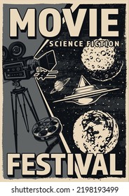 Alien Movies Poster Monochrome Vintage Invitation To Screening Of Science Fiction Film About Galactic Civilizations And Paranormal UFOs Vector Illustration