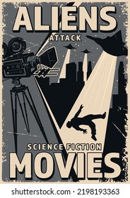 Alien Movies vintage flyer monochrome Shooting Blockbuster über den Angriff von fliegenden Untertassen mit Martianern auf Städte und Menschen Vektorgrafik