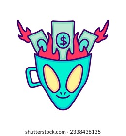 Alien mug with burning money inside, illustration for t-shirt, sticker, or apparel merchandise. With doodle, retro, and cartoon style.