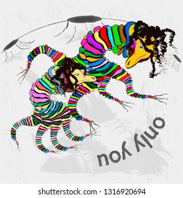 Alien multicolored individuals on the planet, isolated on gray background, grunge, vector graphics.