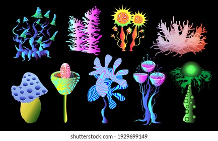 Alien mushrooms on a black background. Fantastic glowing abstract plants.