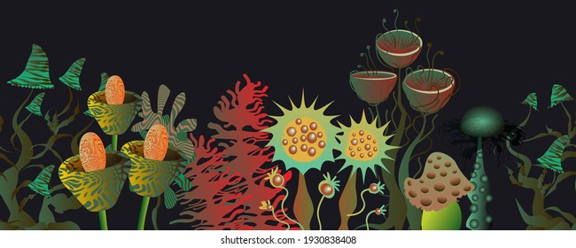 Alien mushrooms and plants on a black background. Horizontal banner Seamless background.