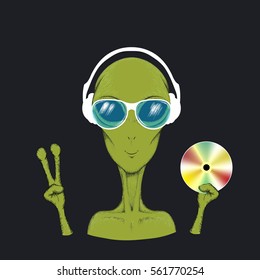 Alien is a music lover.Humanoid in headphones listening a music 