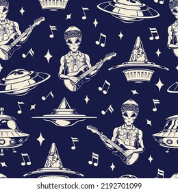 Alien Music Vintage monochrome Muster nahtlos Martian humanoid mit Gitarren und fliegenden Untertassen durch Raum und Universum Vektorgrafik