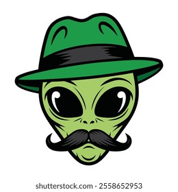 Alien with Mustache and Green Hat Illustration