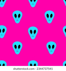 Alien neon seamless pattern. Simple sci fi seamless background with humanoid face on purple backdrop. UFO repeat vector illustration