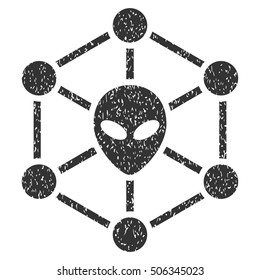 Alien Network grainy textured icon for overlay watermark stamps. Flat symbol with scratched texture. Dotted vector gray ink rubber seal stamp with grunge design on a white background.