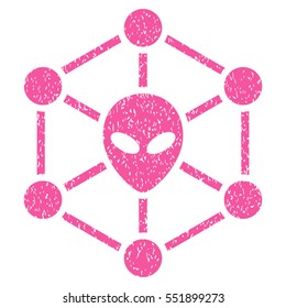 Alien Network grainy textured icon for overlay watermark stamps. Flat symbol with scratched texture. Dotted vector pink ink rubber seal stamp with grunge design on a white background.