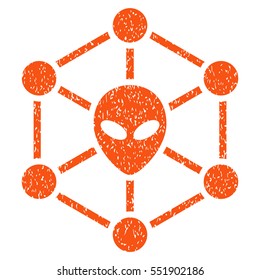 Alien Network grainy textured icon for overlay watermark stamps. Flat symbol with dirty texture. Dotted vector orange ink rubber seal stamp with grunge design on a white background.