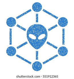 Alien Network grainy textured icon for overlay watermark stamps. Flat symbol with unclean texture. Dotted vector cobalt ink rubber seal stamp with grunge design on a white background.