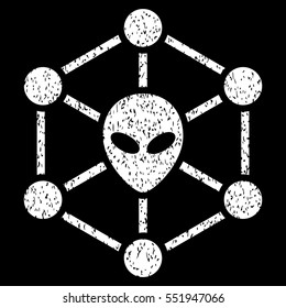 Alien Network grainy textured icon for overlay watermark stamps. Flat symbol with scratched texture. Dotted vector white ink rubber seal stamp with grunge design on a black background.