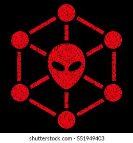 Alien Network grainy textured icon for overlay watermark stamps. Flat symbol with dust texture. Dotted vector red ink rubber seal stamp with grunge design on a black background.