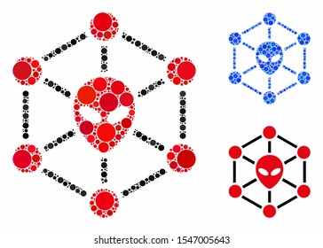 Alien network mosaic of filled circles in variable sizes and color hues, based on alien network icon. Vector filled circles are combined into blue collage.