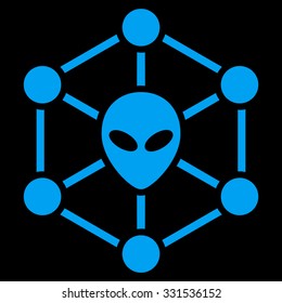 Alien Network vector icon. Style is flat blue symbol, rounded angles, black background.